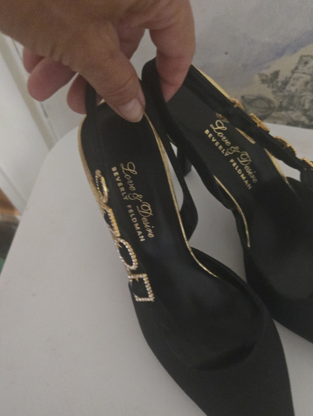 Black Slingback Heels Beverly Feldman Love & Desire with Gold Accent